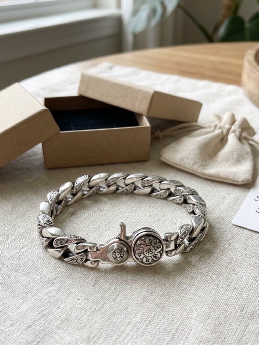 Silver Engraved Cubed Chain Bracelet with Mantra Clasp for Men.
